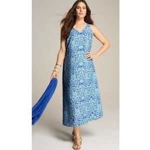 J Jill Love Linen Maxi Dress Women XS Blue White Linen Floral Lagenlook Boho